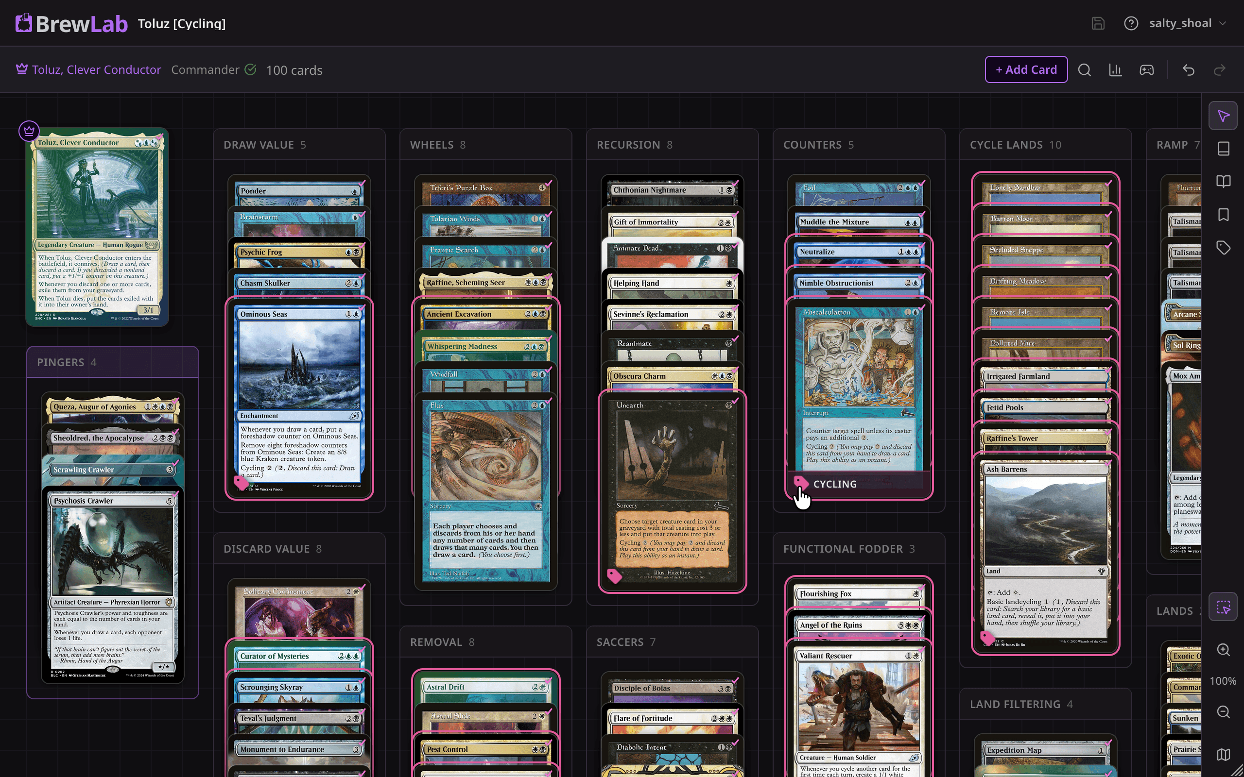 The BrewLab deck editor showing a Commander deck laid out in tagged piles, with every card tagged Cycling highlighted across the piles